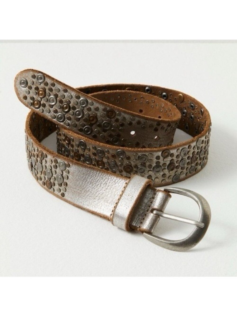 Free People Stardust Silver Studded Leather Belt M/L Metallic Western Boho NWT